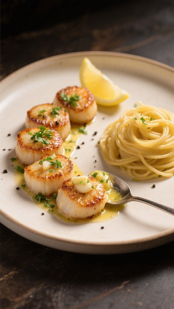 Beautifully plated final dish of garlic butter scallops arranged in a crescent on a warm white ceram