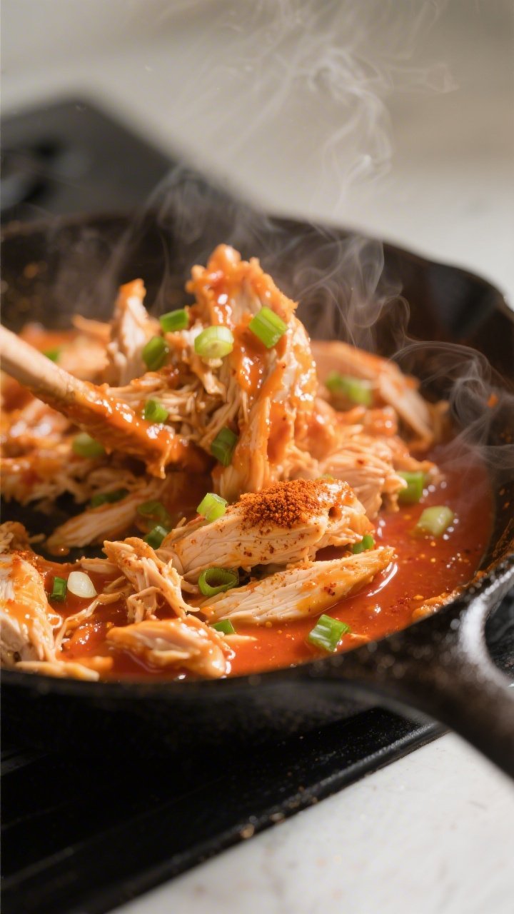 Close-up action shot of keto buffalo chicken being tossed in a skillet: shredded, fully cooked chick