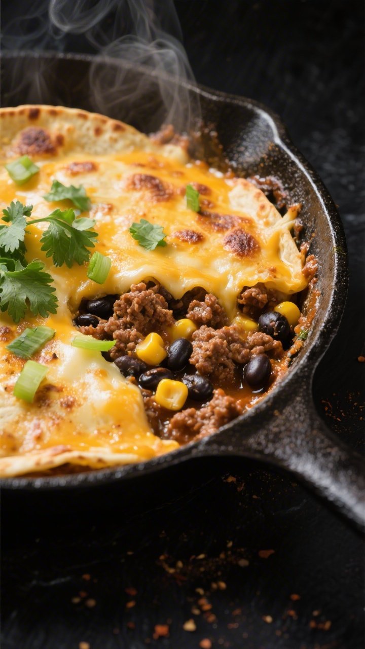 Close-up detail: A bubbling cheesy taco skillet just after broiling, showing browned, blistered ched