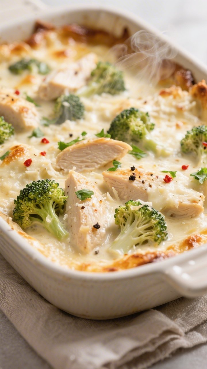 Close-up detail: A bubbling Keto Alfredo Bake just out of the oven, showing tender broccoli florets