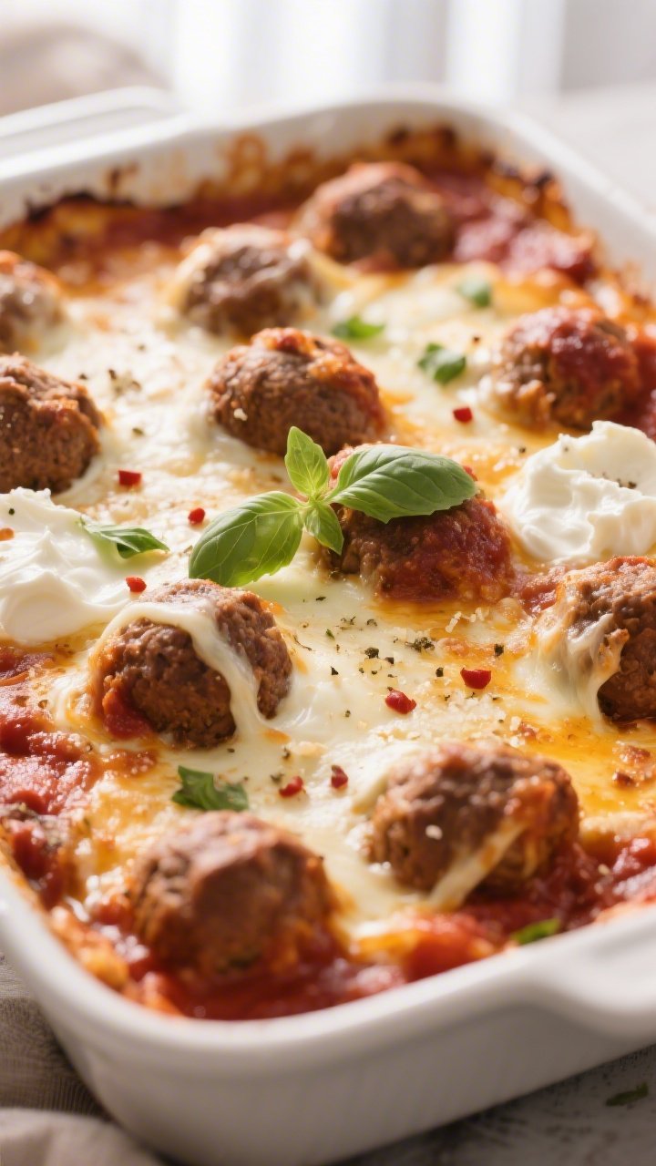 Close-up detail: A bubbling “million dollar” meatball bake just out of the oven, showing glossy 