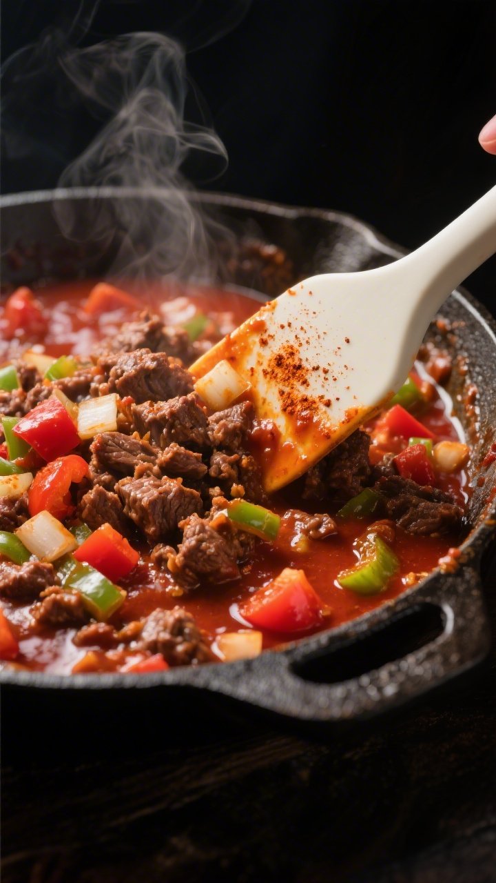 Close-up detail: A glossy, simmering Keto Sloppy Joe meat mixture in a cast-iron skillet, showing cr