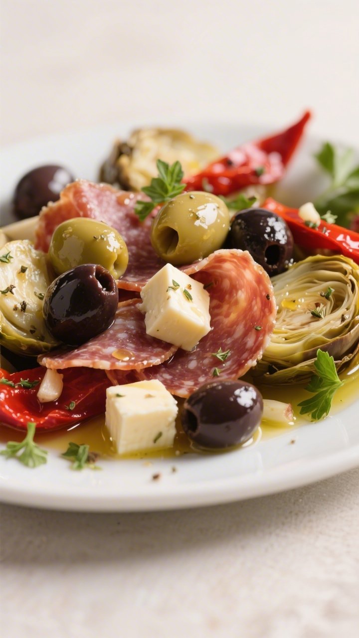 Close-up detail: A glossy tangle of sliced salami and torn prosciutto nestled among halved Castelvet