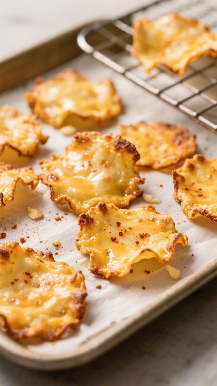 Close-up detail: A tray of freshly baked keto cheese chips just out of the oven, edges deep golden a