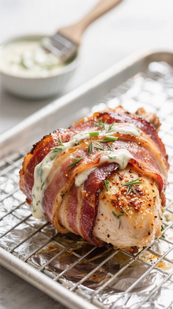 Close-up detail: Bacon-wrapped chicken just brushed with creamy ranch glaze, bacon edges crackling a