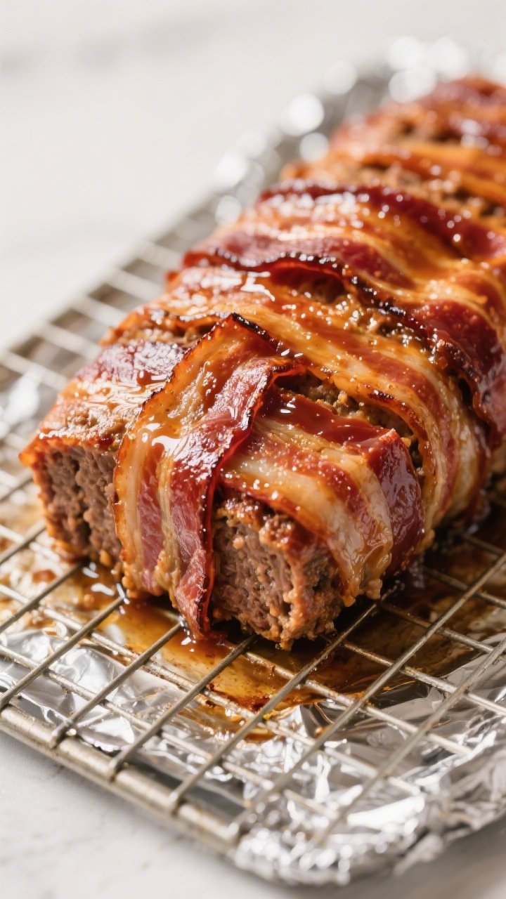 Close-up detail: Bacon-wrapped meatloaf just out of the oven on a wire rack over foil, bacon shingle