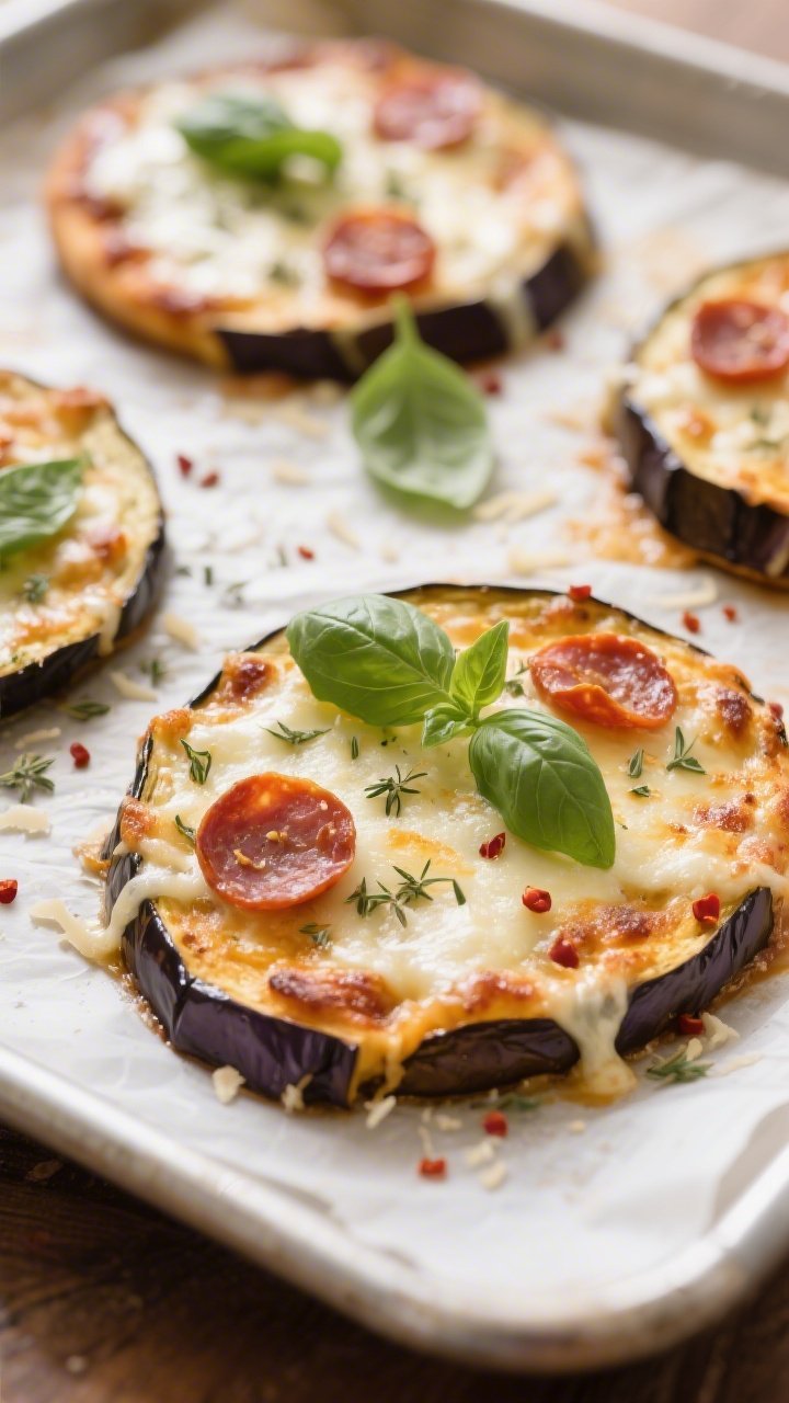 Close-up detail: Broiled eggplant pizza rounds fresh from the oven with cheese bubbling and lightly 