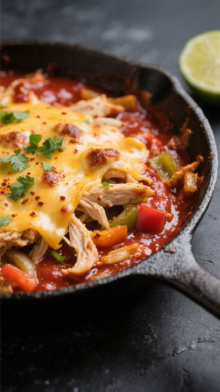 Close-up detail: Bubbling keto chicken enchilada skillet just after the cheese melt, showing glossy 