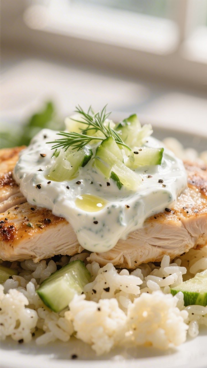 Close-up detail: Creamy keto tzatziki dolloped over seared chicken and cauliflower rice, extreme clo