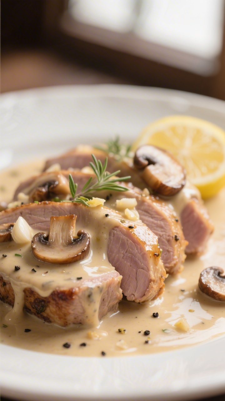 Close-up detail, creamy sauce texture: Extreme close-up of sliced pork tenderloin coated in a silky