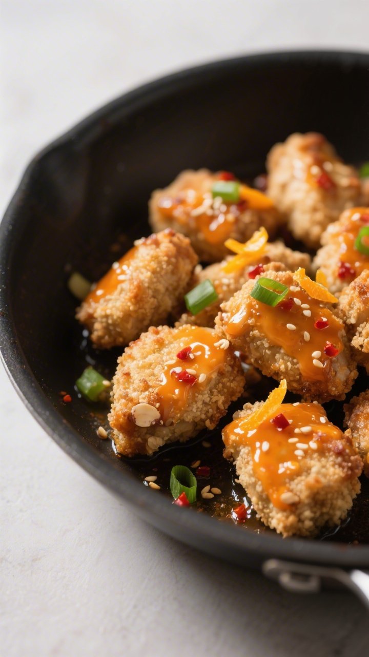 Close-up detail: Crispy almond-flour coated chicken bites just after pan-frying, tossed in a glossy 