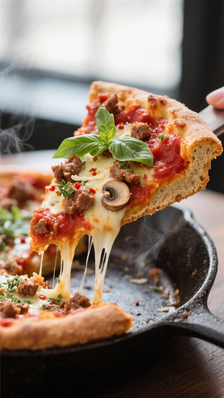 Close-up detail: Deep-dish keto pizza slice being lifted from a 9-inch cast-iron skillet, showing a 