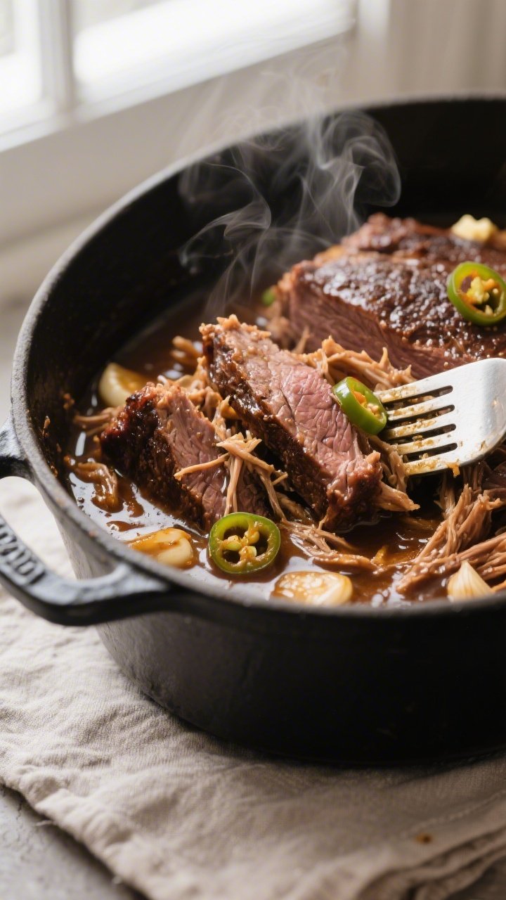 Close-up detail: Fork-tender keto Mississippi pot roast being shredded in its own glossy juices insi