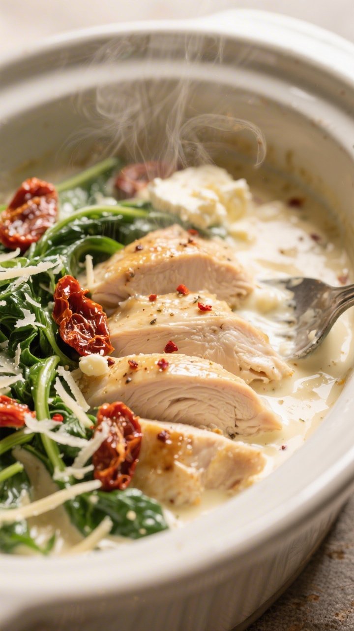 Close-up detail: Fork-tender slow cooker Tuscan chicken just after stirring in the cream cheese, hea