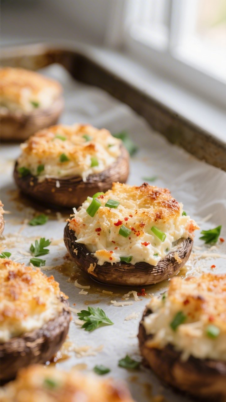 Close-up detail: Freshly baked keto crab stuffed mushrooms just out of the oven, tops lightly golden