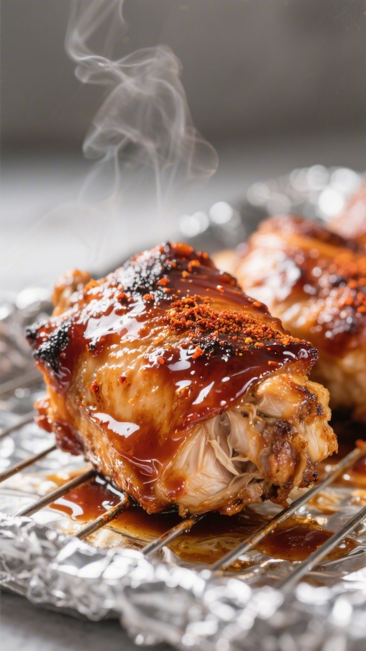 Close-up detail: Glazed keto BBQ chicken thighs fresh from the oven, skin blistered and caramelized 