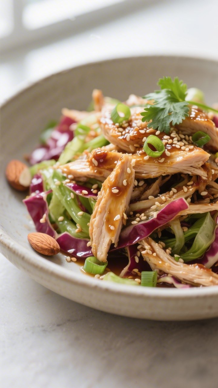 Close-up detail: Glazed shreds of cooked chicken tossed with the sesame-ginger dressing, glistening 