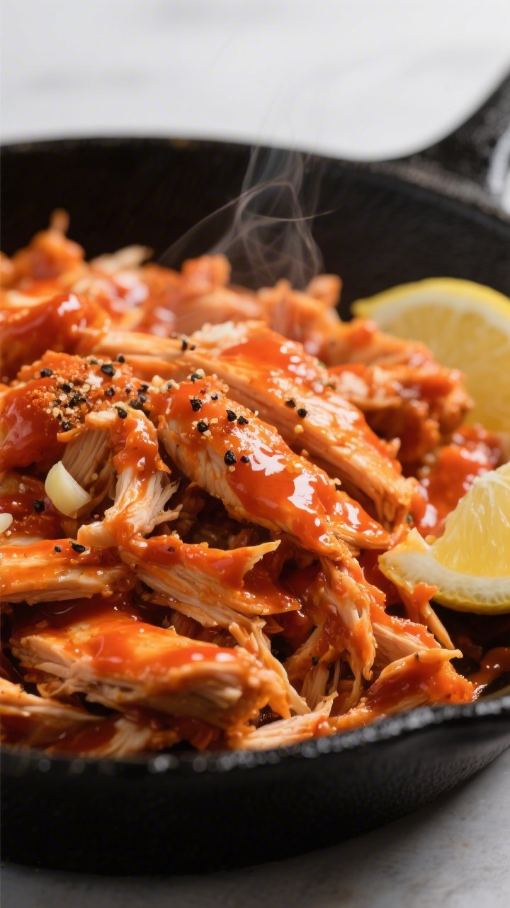 Close-up detail: Glossy buffalo chicken tossed in a warm skillet, sauce clinging to the shredded pie