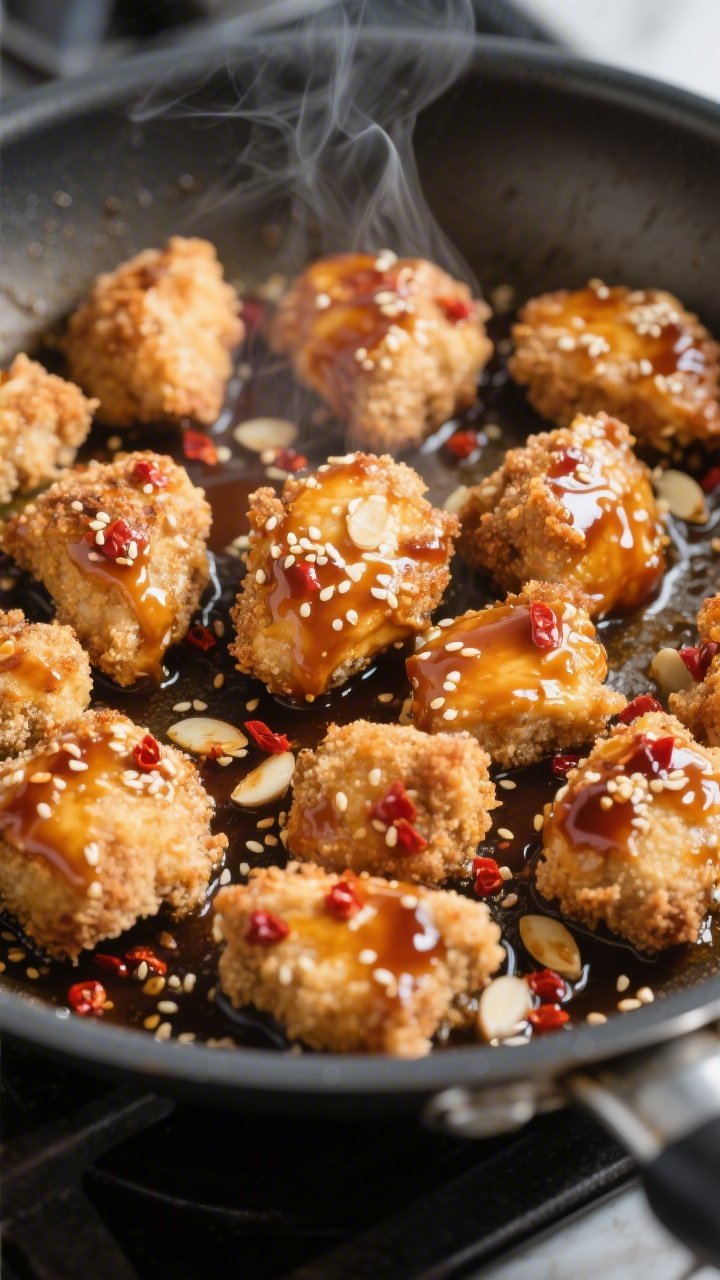 Close-up detail: Glossy keto sesame chicken bites sizzling in a nonstick skillet during the “combi