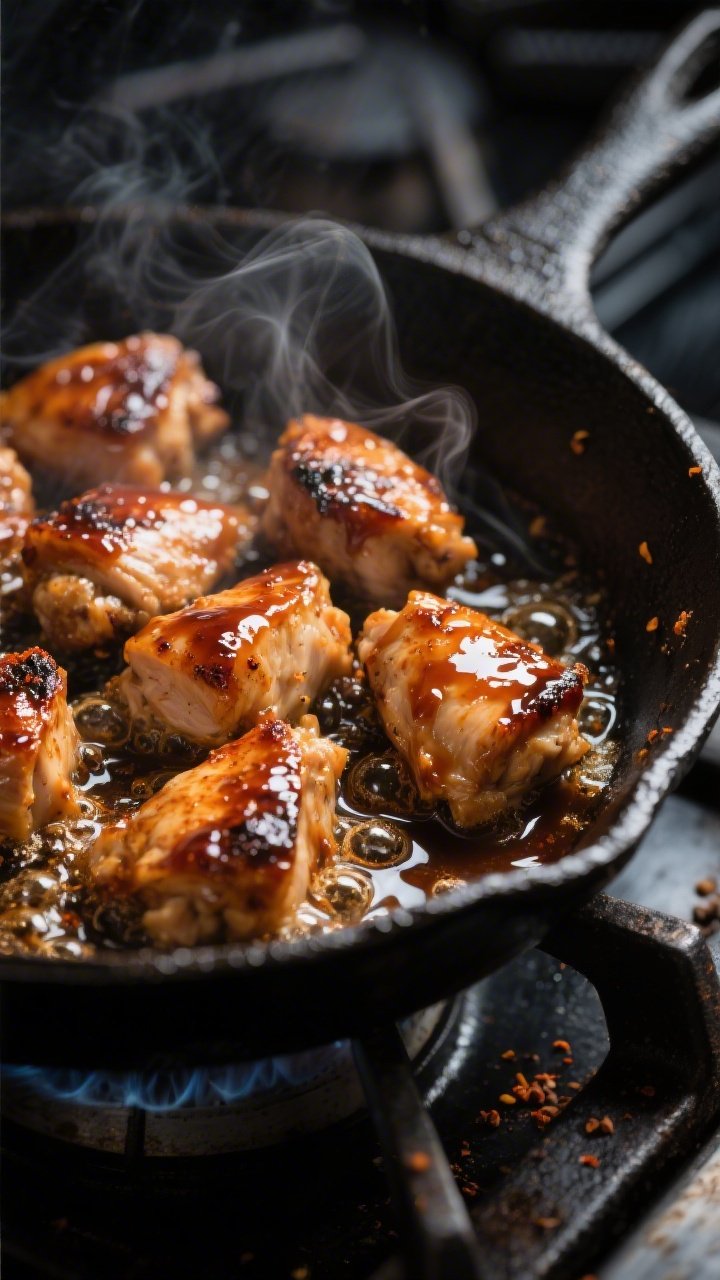 Close-up detail: Glossy sugar-free BBQ chicken bites sizzling in a cast-iron skillet, sauce bubbling