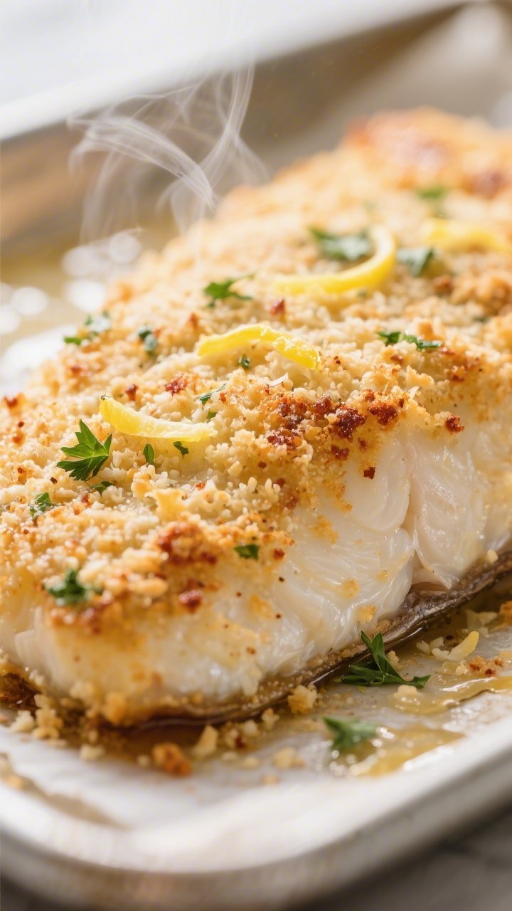 Close-up detail: Golden baked Parmesan-crusted tilapia just out of the oven, tight macro on the crun