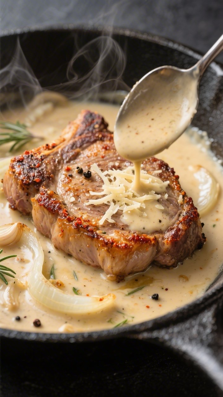 Close-up detail: Golden-brown pan-seared pork chops nestled in a silky, garlicky cream sauce in a sk