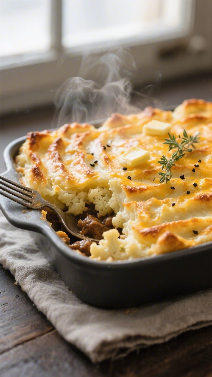 Close-up detail: Golden-browned keto shepherd’s pie topping with cauliflower-cheddar mash, fork-cr