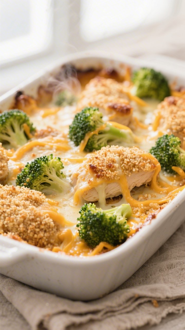 Close-up detail: Golden, bubbling Cheesy Broccoli Chicken Bake just out of the oven, showing crisp,