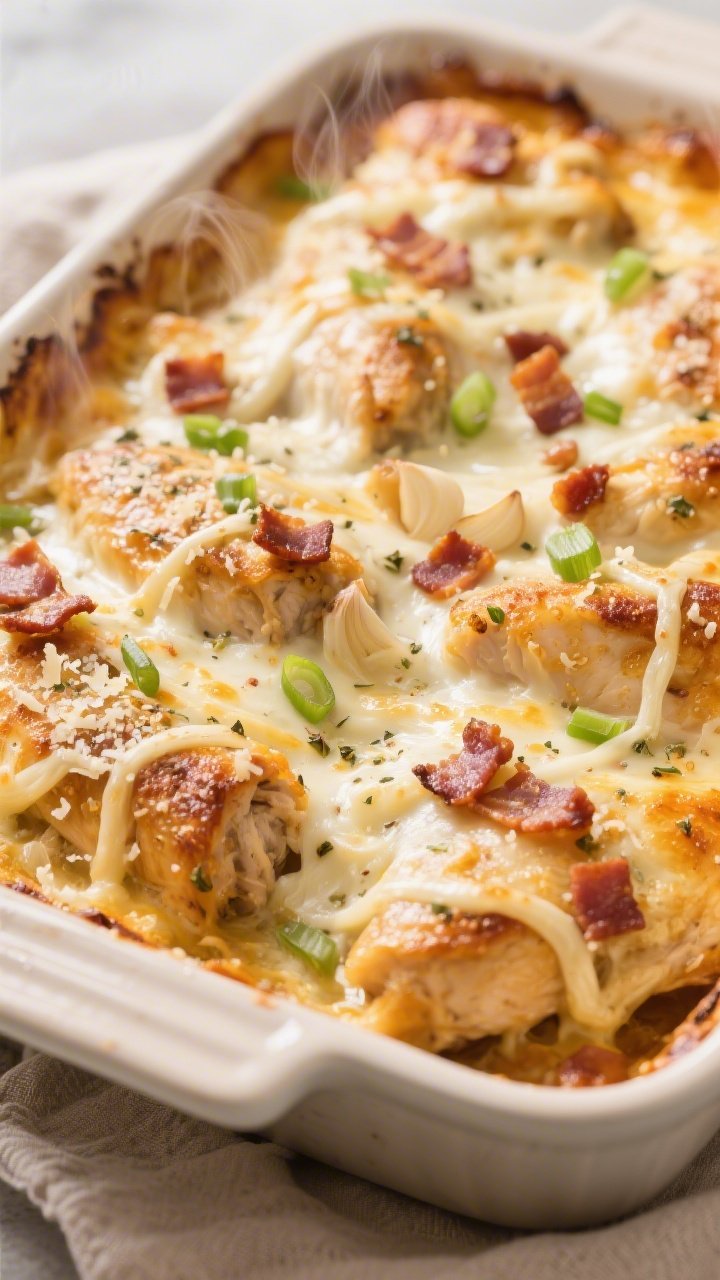 Close-up detail: Golden-bubbly Keto “Million Dollar” Chicken Bake just out of the oven, showing 