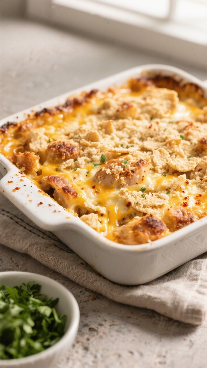 Close-up detail: Golden, bubbly keto million dollar chicken casserole just out of the oven, showing 