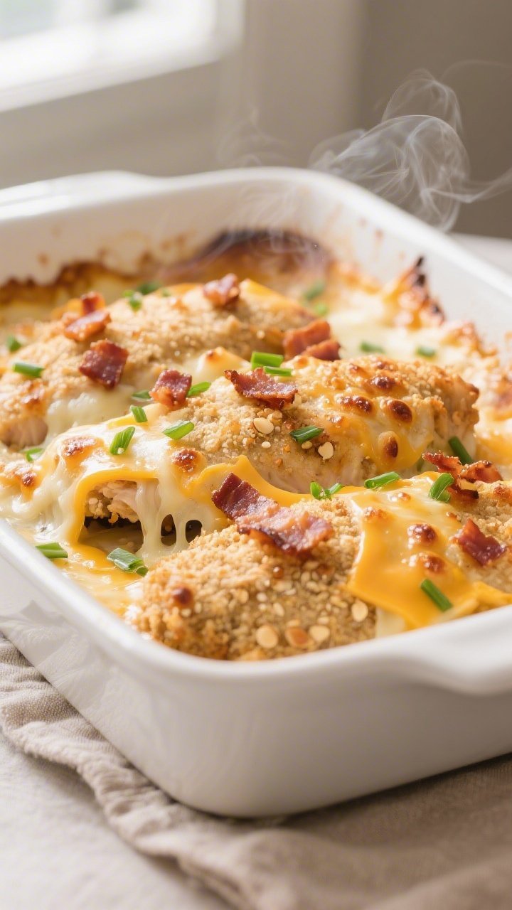 Close-up detail: Golden-bubbly Keto Million Dollar Chicken just out of the oven, showcasing a crisp