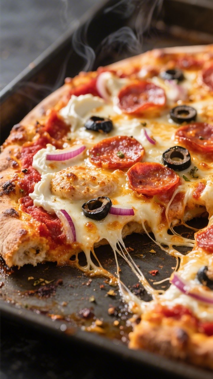 Close-up detail: Golden, bubbly Million Dollar Pizza Chicken just out of the oven, with strings of m