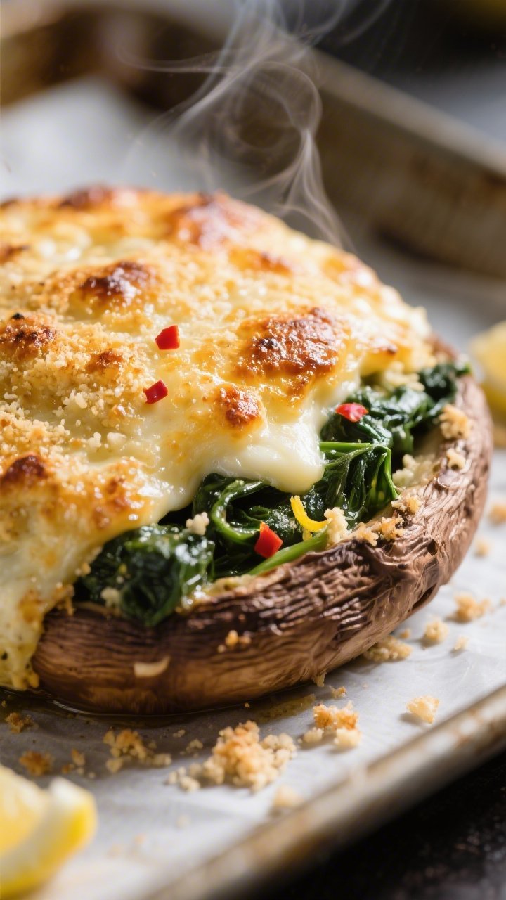 Close-up detail: Golden-bubbly spinach and cheese stuffed portobello just out of the oven, showing b
