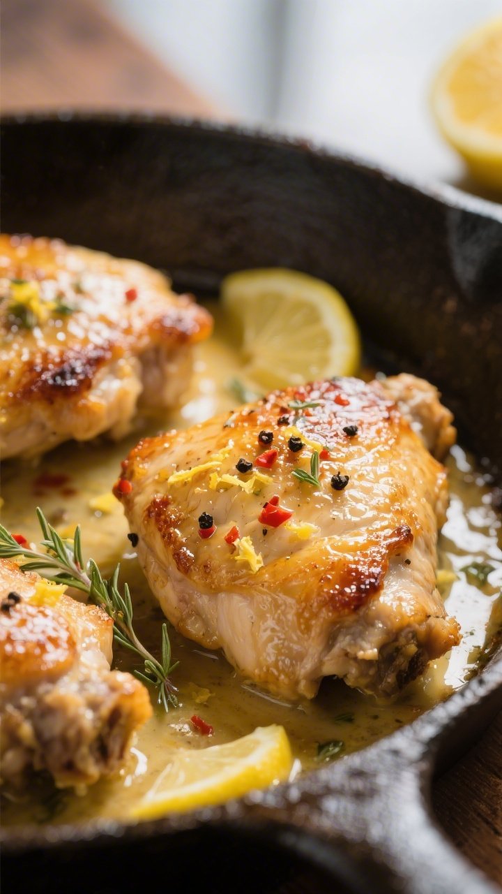 Close-up detail: Golden, crackly-skinned lemon butter chicken thighs just out of the oven, skin glis