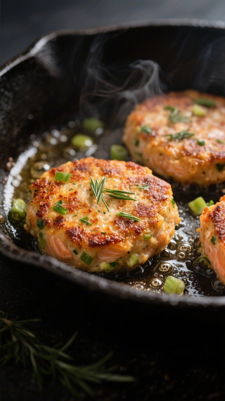 Close-up detail: Golden-crisp keto salmon patties sizzling in a cast-iron skillet, highlighting the 