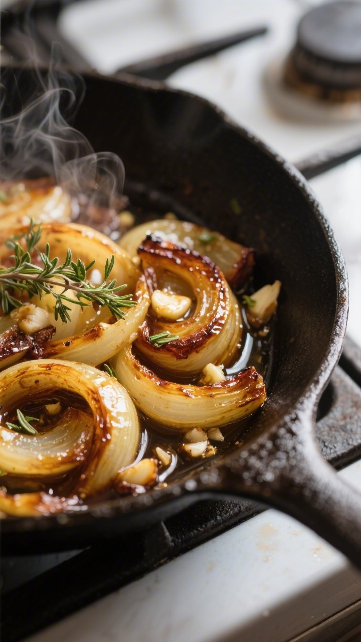 Close-up detail: Golden, deeply caramelized sliced onions in a cast-iron skillet, glossy with butter