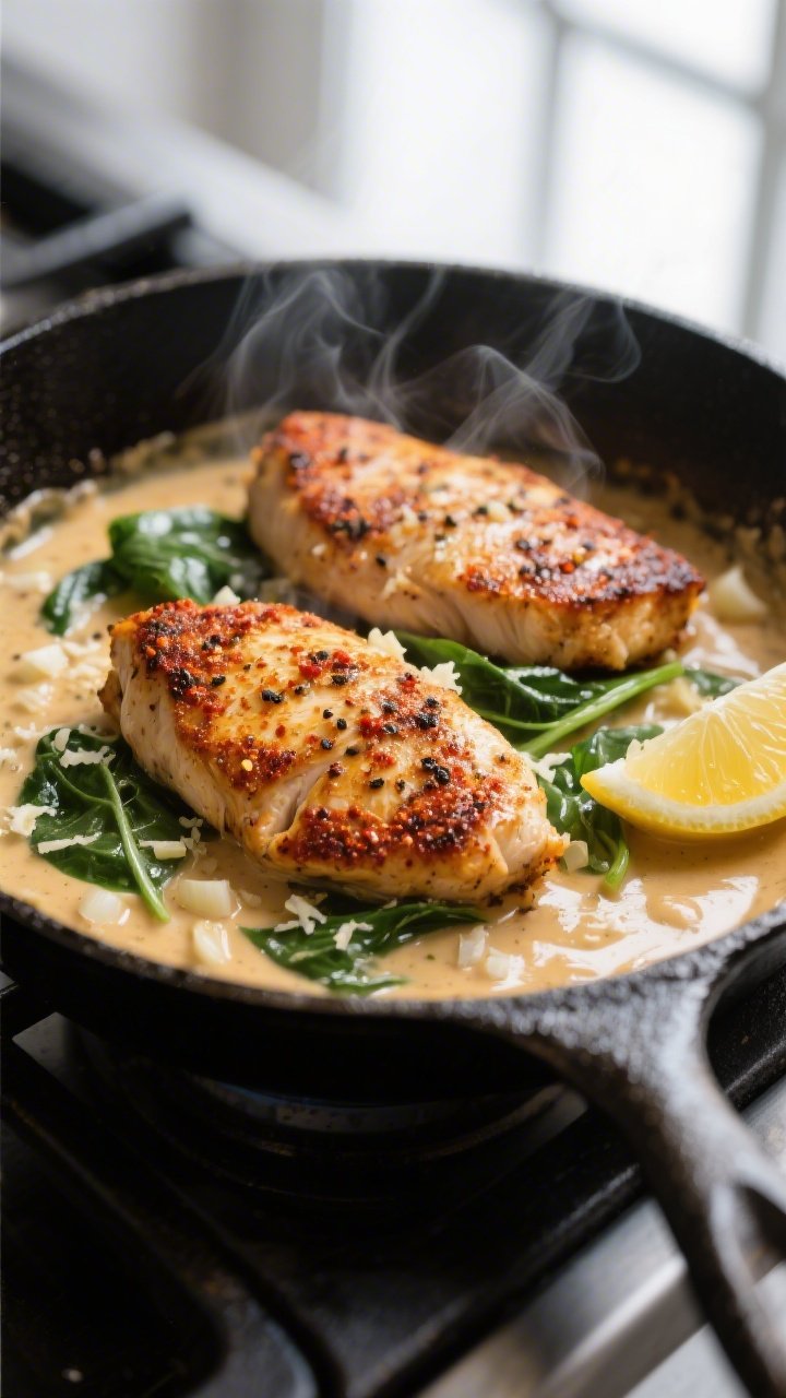 Close-up detail: Golden-seared Cajun chicken cutlets just returned to a skillet of silky garlic-Parm