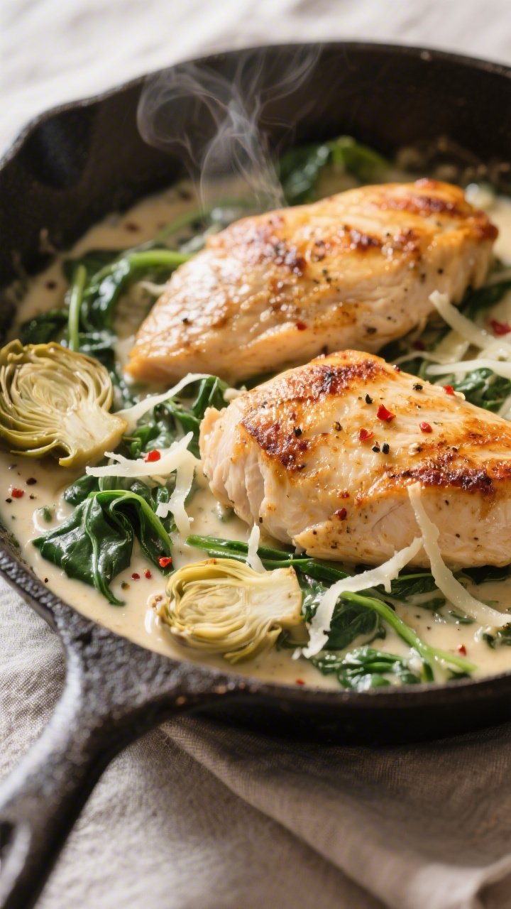Close-up detail: Golden-seared chicken breasts nestled in a creamy spinach artichoke sauce in a skil
