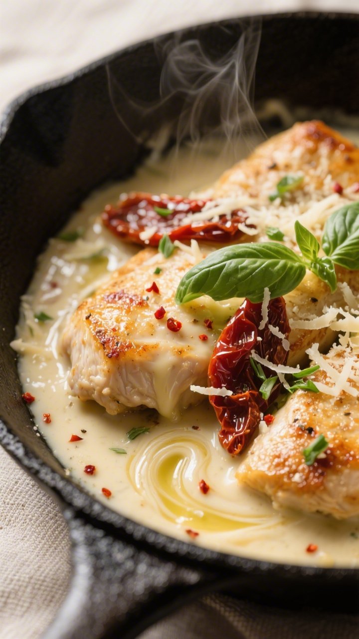 Close-up detail: Golden-seared chicken cutlets nestled in a creamy garlic-Parmesan sauce with visibl