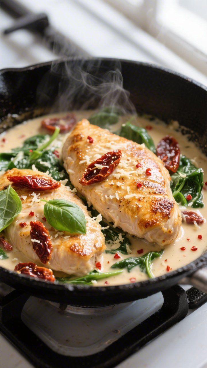 Close-up detail: Golden-seared chicken cutlets nestled in a simmering creamy Parmesan garlic sauce w