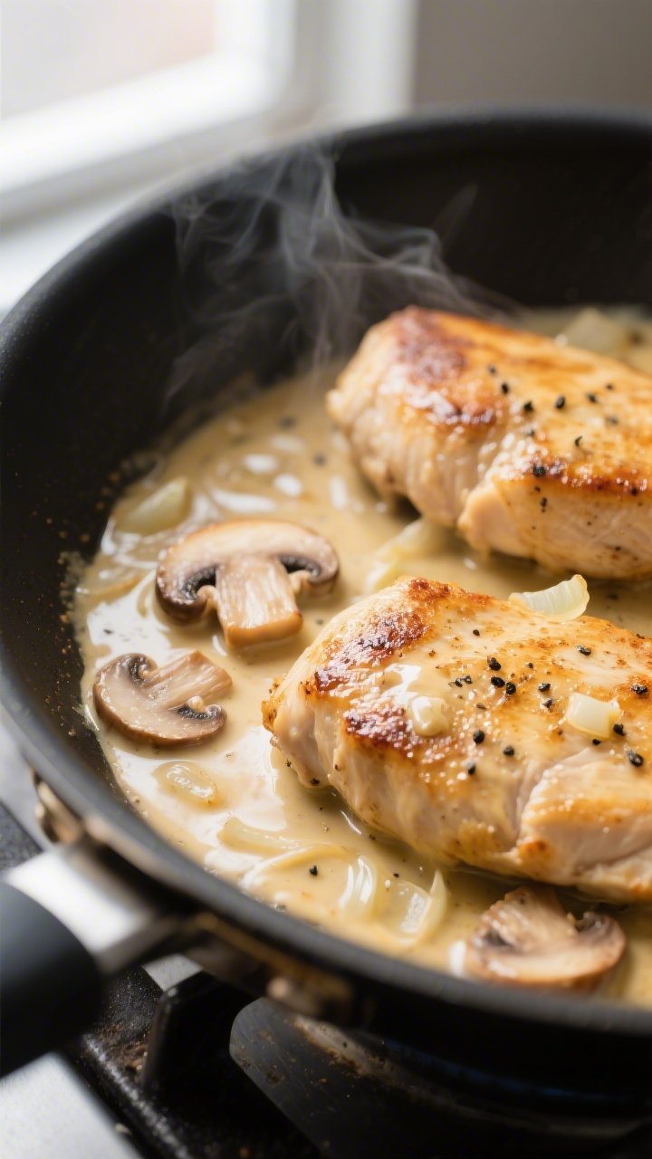 Close-up detail: Golden-seared chicken cutlets sizzling in a skillet as the creamy Dijon sauce begin