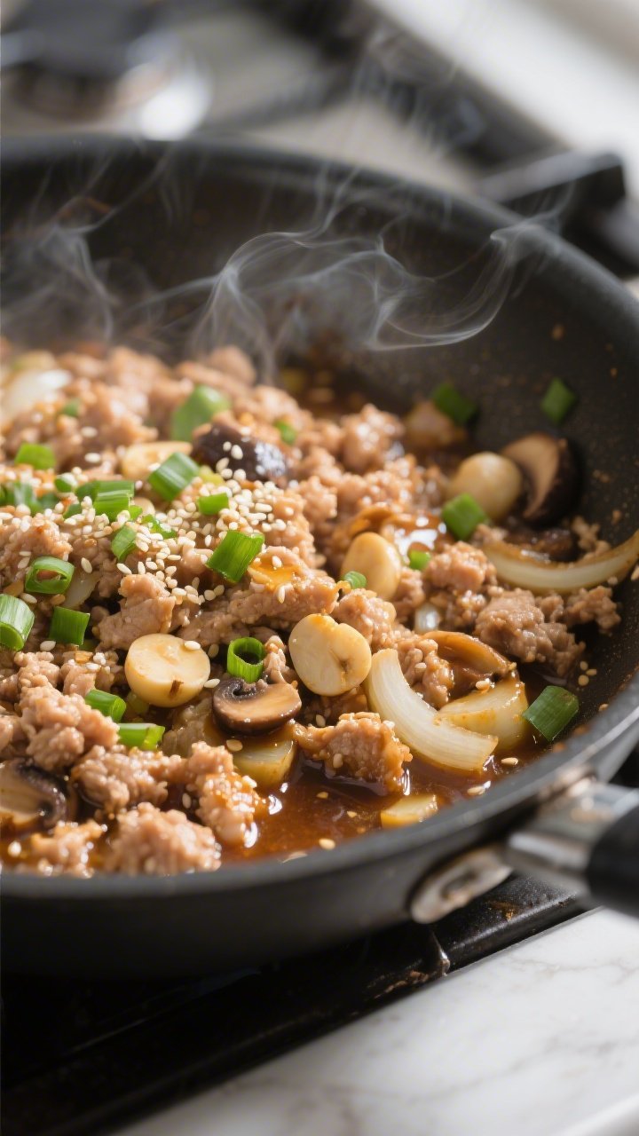 Close-up detail: Juicy ground chicken filling sizzling in a wide skillet, lightly browned crumbles w