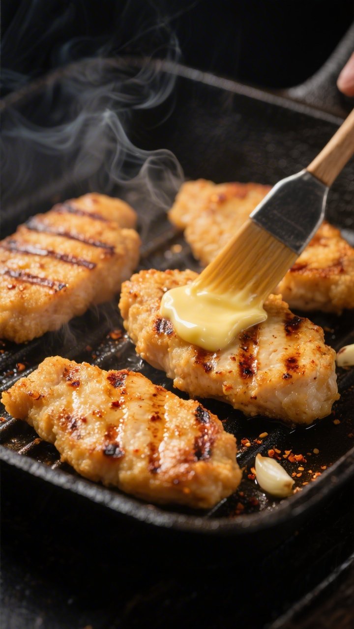 Close-up detail: Juicy keto Chick-fil-A style grilled chicken nuggets sizzling on a cast-iron grill 