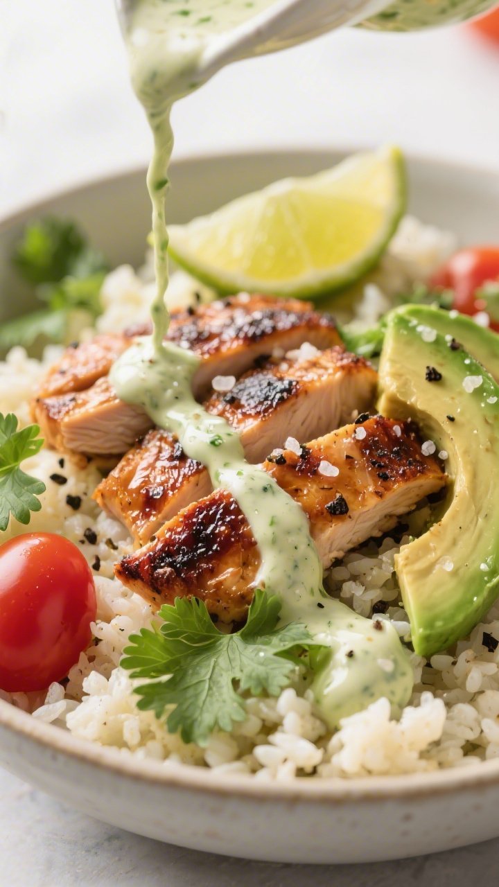 Close-up detail — lime crema drizzle moment: Macro close-up of the finished bowl focusing on the g