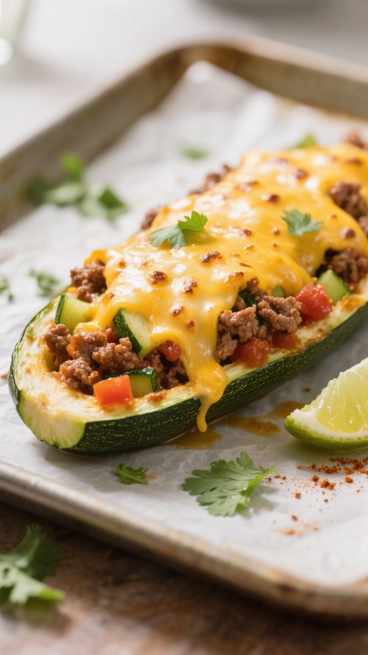 Close-up detail: Melted-cheese-topped keto taco zucchini boat just out of the oven, showing bubbly, 