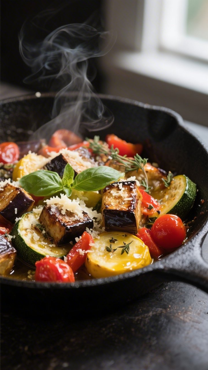 Close-up detail: Melted Parmesan-coated ratatouille in a black skillet, showing glossy, tender cubes