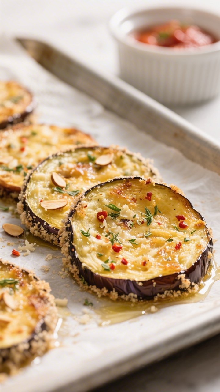 Close-up detail of golden-baked eggplant rounds just out of the oven, edges crisp and browned with a