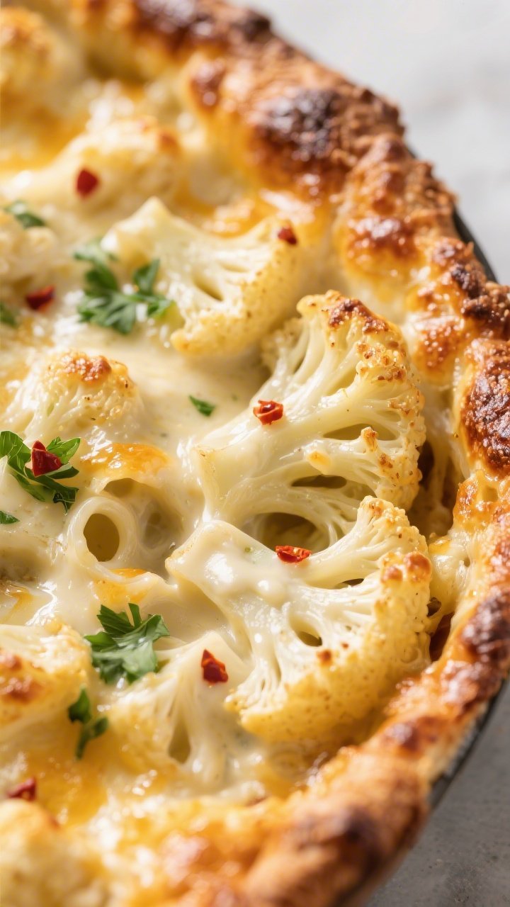 Close-up detail of the baked Keto Cauliflower Alfredo just out of the oven: golden, bubbly mozzarell