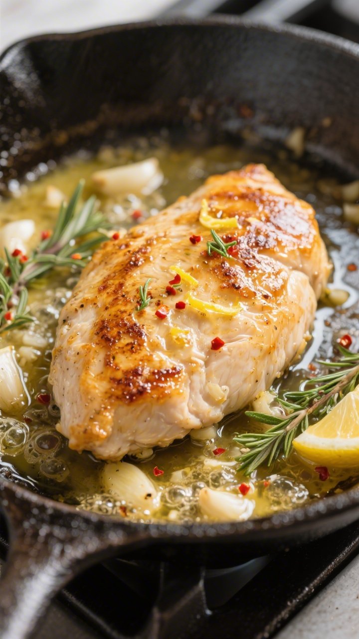 Close-up detail: Sear-kissed chicken breast in a skillet, golden-brown crust glistening under a glos