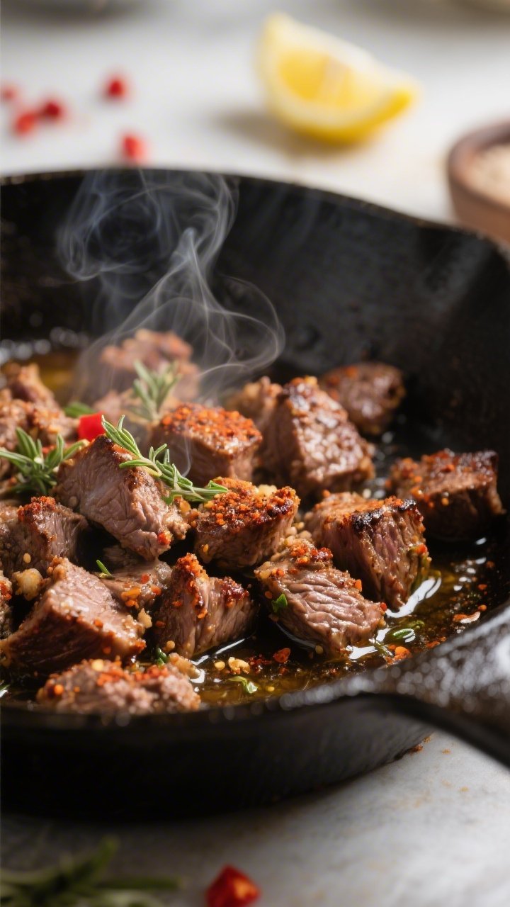 Close-up detail: Seared gyro-seasoned lamb crumbles sizzling in a cast-iron skillet, deeply browned 